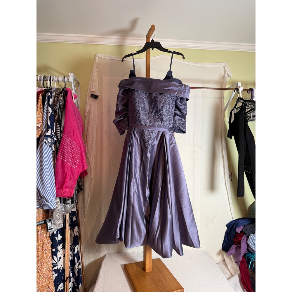 Stacees Stormy Purple Off Shoulder‎ Embroidered Satin Formal Gown Dress 14